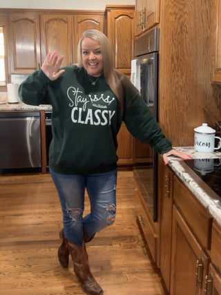 Stay Classy Sweatshirt • Miranda- black sweatshirt, Classy, comfy sweatshirt, Corn dip, Curvy, graphic, graphic T-shirt, GRAPHIC TEE, Graphic Tees, graphic tshirt, green sweatshirt, grey sweatshirt, Merch, Miranda, oversized sweatshirt, pink sweatshirt, plus size sweatshirt, plus sweatshirt, Stay classy, sweatshirt, SWEATSHIRTS, Tops-Ace of Grace Women's Boutique