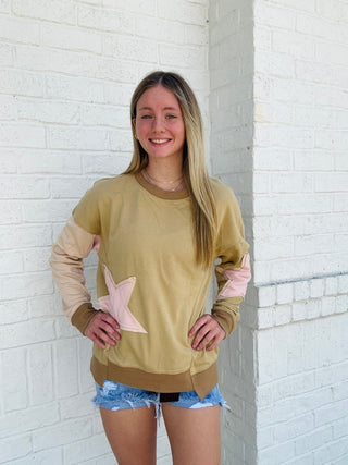 Star Patchwork Exposed Seam Sweatshirt- Curvy,PLUS,STAR,star sweatshirt,sweatshirt,Tops-Ace of Grace Women's Boutique