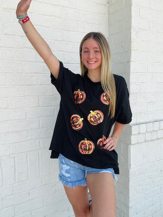 Sequin Jack-o-Lantern Top- Curvy,FALL,HALLOWEEN,halloween shirt,Halloween tshirt,PLUS,pumpkin,Seasonal,SEQUIN,Tops-Ace of Grace Women's Boutique