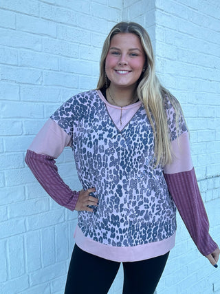 Mauve Ribbed Sleeve Leopard Top- CHEETAH,Curvy,LEOPARD,PLUS,Tops-Ace of Grace Women's Boutique