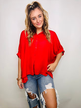 Red Oversized Satin Button Down Top