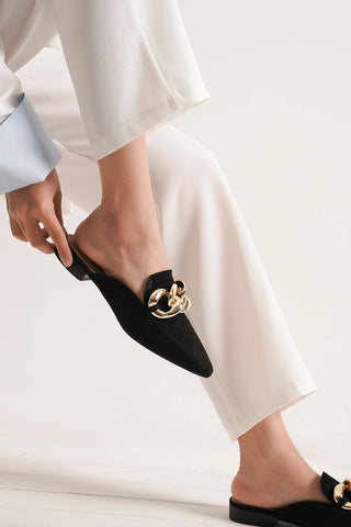 Black Mules with Gold Chain-shoe- chain,FOOTWEAR,gold chain,Mule,shoe,Shoes-Ace of Grace Women's Boutique