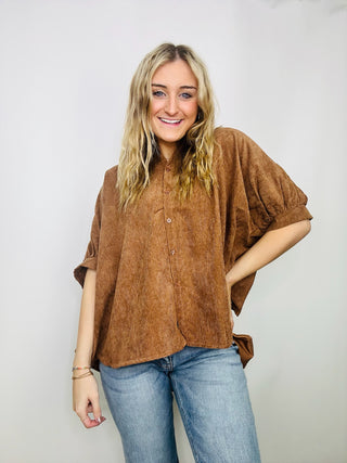 Brownie Corduroy Button Down Top- BROWN,clothing,Corded,Corduroy,FALL,fall clothes,fall transition,ribbed,RIBBED TOP,Tops,work,WORK SHIRT,WORK TOP-Ace of Grace Women's Boutique