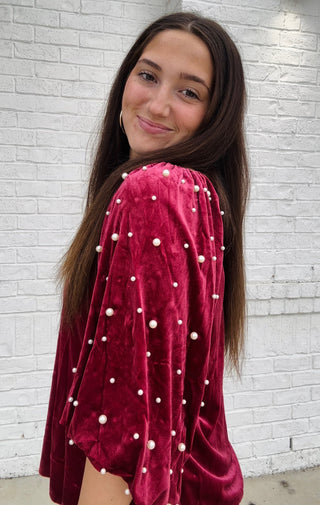 Berry Velvet Pearl Top- clothing,Curvy,Dressy,PEARL,pearl sweater,PEARLS,Sale,Seasonal,Tops,velvet,velvet top-Ace of Grace Women's Boutique