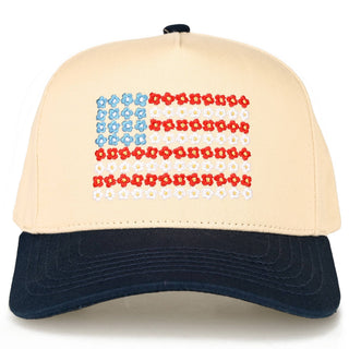 Daisy Flower USA Flag Trucker Cap- Accessories,camo,camo hat,hair accessory,HAT,hats,Pink hat,trucker,trucker hat,trucker hats-Navy-Ace of Grace Women's Boutique