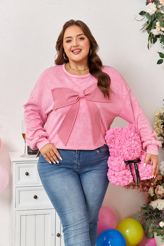 Waffle Patchwork Bow Mineral Wash Pullover-Plus Size/Plus Size Sweatshirts & Hoodies- All In Stock,BOW,Color Pink,Craft Applique,Craft Washed,Curvy,Detail Bow,Fabric Waffle Knit,Hot picks,Occasion Daily,Season Fall & Autumn,Style Casual,Tops-Ace of Grace Women's Boutique