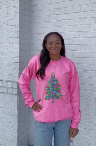 Neon Pink Faux Yarn Christmas Tree Sweatshirt- CHRISTMAS,CHRISTMAS CHEER,christmas sweatshirt,Christmas tee,christmas top,Christmas tshirt,Curvy,MERRY CHRISTMAS,PLUS,Seasonal,Tops-Ace of Grace Women's Boutique