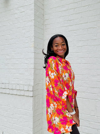 Pink & Orange Floral Print Loose Fit Top- floral,floral pattern,floral print,FLORAL TOP,florals,summer,SUMMER TOP,summer work top,Tops-Ace of Grace Women's Boutique