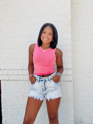 High Rise Acid Wash Frayed Denim Shorts- Acid,Bottoms,clothing,denim,denim shorts,shorts-Ace of Grace Women's Boutique