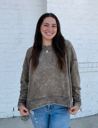 Brown Acid Wash Sweatshirt- Acid, beige sweatshirt, clothing, comfy sweatshirt, cropped sweatshirt, sweatshirt, SWEATSHIRTS, Tops-Ace of Grace Women's Boutique