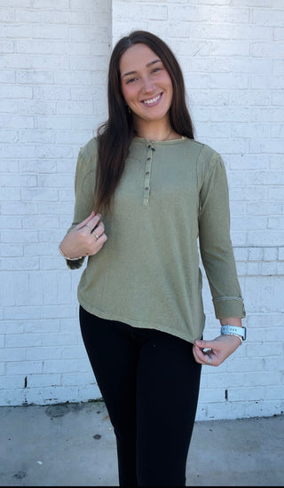 Light Olive Henley Top- clothing, FALL, fall clothes, fall transition, Henley, olive, olive top, Tops-Ace of Grace Women's Boutique