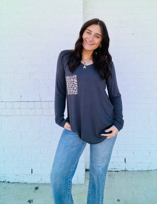 Long Sleeve Cheetah Pocket Tee- clothing,Curvy,Tops-Ace of Grace Women's Boutique