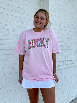 Pink Lucky Clover Tee- clover,COMFORT COLOR,Comfortable,COMFY,Curvy,FOUR LEAF CLOVER,GREEN,Green shirt,lucky,pink,Seasonal,Tops-Ace of Grace Women's Boutique