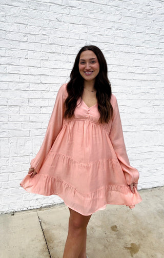 Soft Crinkled Long Sleeve Dress- BLUSH, church dress, clothing, colorful dress, dress, dresses & rompers, Dressy, dressy shorts, flowy dress, LONG SLEEVE, long sleeves, mini dress, pink dress, ruched dress, RUFFLED DRESS, SILK DRESS, WOMENS DRESS-Ace of Grace Women's Boutique