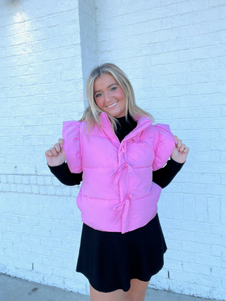 Pink Ruffle Puffer Vest- BOW,Bow detail,BOWS,clothing,HOT PINK,hot pink puffer,hot pink puffer jacket,LIGHT PINK,outerwear,pink,puffer vest,RUFFLE,ruffle set,ruffle sleeves,RUFFLE TOP,ruffled,RUFFLES,Sale,SWEATER VEST,Tops,VEST-Ace of Grace Women's Boutique