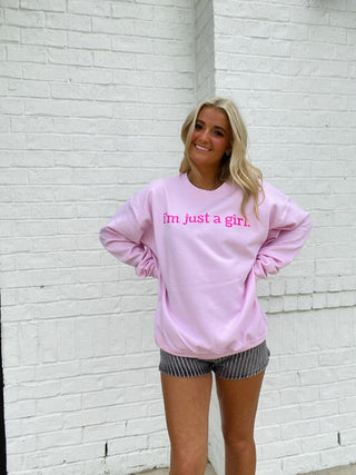 MADELYNN GRACE | I’m Just a Girl Sweatshirt- comfy sweatshirt, Curvy, MadelynnGrace, oversized sweatshirt, pink sweatshirt, plus size sweatshirt, plus sweatshirt, sweatshirt, SWEATSHIRTS, Tops-Ace of Grace Women's Boutique