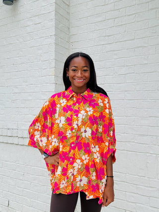 Pink & Orange Floral Print Loose Fit Top- floral,floral pattern,floral print,FLORAL TOP,florals,summer,SUMMER TOP,summer work top,Tops-Ace of Grace Women's Boutique