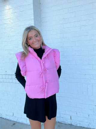 Pink Ruffle Puffer Vest- BOW,Bow detail,BOWS,clothing,HOT PINK,hot pink puffer,hot pink puffer jacket,LIGHT PINK,outerwear,pink,puffer vest,RUFFLE,ruffle set,ruffle sleeves,RUFFLE TOP,ruffled,RUFFLES,Sale,SWEATER VEST,Tops,VEST-Ace of Grace Women's Boutique