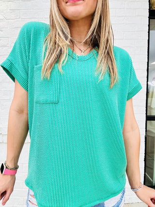 Kelly Green Ribbed Pocket Top- Curvy, GREEN, Green shirt, green top, kelly green, PLUS, PLUS SIZE TEE, PLUS SIZE TOP, plus sizes, Tops, work, WORK SHIRT, WORK TOP-Ace of Grace Women's Boutique