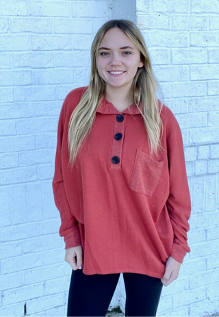 Rust Button Pullover- BUTTON,button down,button up,clothing,Curvy,pullover,Rust,Sale,Tops-Ace of Grace Women's Boutique