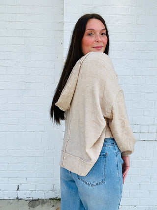 Tan Balloon Sleeve Hoodie- brown pullover, Curvy, Exposed, Hacci, hoodie, outerwear, PLUS, plus size, PLUS SIZE HOODIE, pullover, SOFT, soft shirt, soft top, Softest, Tops-Ace of Grace Women's Boutique