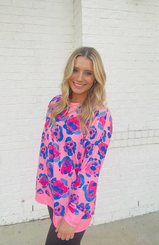 Pink and Blue Animal Print Top- curv,Curvy,LEOPARD,leopard graphic tee,LEOPARD PRINT,leopard sweater,leopard top,Tops-Ace of Grace Women's Boutique
