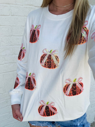 Sequin Pumpkin Bow Sweatshirt- Curvy,FALL,HALLOWEEN,oversized,PLUS,pumpkin,pumpkins,Seasonal,Tops-Ace of Grace Women's Boutique