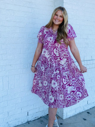 Magenta Whimsy Floral Dress- Curvy,dresses & rompers,Easter,Easter dress,floral,floral dress,floral print,florals,Midi Dress,paisley,PLUS,plus dress,plus size-Ace of Grace Women's Boutique