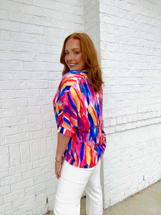 Multicolor Feather V-neck Top- Curvy, Perfect for work, summer work top, Tops, work, Work tank, WORK TOP-Ace of Grace Women's Boutique