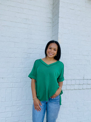 Green Corded V-neck Top- clothing,Curvy,PLUS,plus size,ribbed,Tops-Ace of Grace Women's Boutique