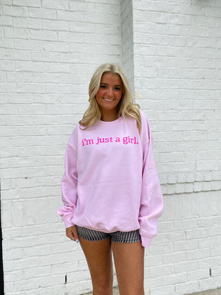 MADELYNN GRACE | I’m Just a Girl Sweatshirt- comfy sweatshirt, Curvy, MadelynnGrace, oversized sweatshirt, pink sweatshirt, plus size sweatshirt, plus sweatshirt, sweatshirt, SWEATSHIRTS, Tops-Ace of Grace Women's Boutique