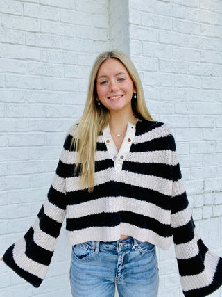 Striped Bell Sleeve Sweater- BEIGE,BLACK,black sweater,brown sweater,button up sweater,clothing,cream sweater,CROCHET SWEATER,knit sweater,leopard sweater,Rust,Sale,Stripe,STRIPED,STRIPED SWEATER,SWEATER,sweaters,Tops-Ace of Grace Women's Boutique