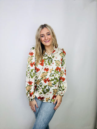 Floral Print Rust Satin Blouse- FALL, fall clothes, fall transition, LONG SLEEVE, long sleeve top, long sleeves, SATIN, SATIN LONG SLEEVE, satin top-Ace of Grace Women's Boutique
