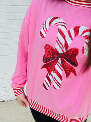 Pink Candy Cane Sweatshirt- Candy, candy cane queen, CHRISTMAS, CHRISTMAS CHEER, CHRISTMAS GRAPHIC TEE, Christmas Longsleeve, CHRISTMAS SHIRT, christmas sweatshirt, Christmas tee, christmas top, Christmas tshirt, clothing, Curvy, holiday, HOLIDAYS, HOLLY JOLLY CHRISTMAS, MERRY CHRISTMAS, Party, Seasonal, sparkle season, Tops-Ace of Grace Women's Boutique