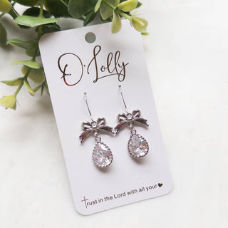 O’Lolly CZ Teardrop Silver Bow Earrings- earring,EARRINGS,Jewelry,o'lolly,SILVER,silver earrings-Ace of Grace Women's Boutique