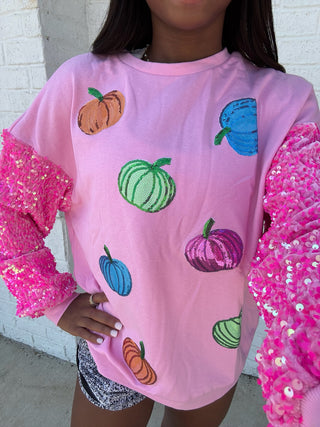 Pink Pumpkin Sequin Top- Curvy,HOT PINK,LIGHT PINK,pink,PLUS,pumpkin,pumpkins,Seasonal,SEQUIN,Tops-Ace of Grace Women's Boutique