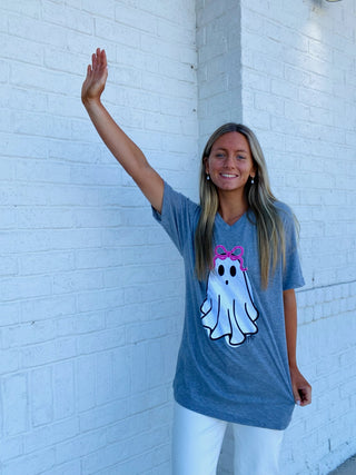 Cutest Ghost V-neck Tee- BOW, Bow detail, bow top, Curvy, ghost, ghosts, GLITTER, graphic, graphic T-shirt, GRAPHIC TEE, Graphic Tees, graphic tshirt, HALLOWEEN, halloween shirt, Halloween tshirt, ribbon, Ribbons, Seasonal, Tops-Ace of Grace Women's Boutique