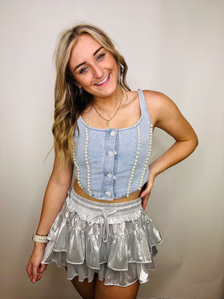 Pearl Denim Crop Top- BLUE CROP TOP, clothing, crop top, denim top, LIGHT DENIM TOP, MadelynnGrace, PEARL, PEARLS, Tops-Ace of Grace Women's Boutique