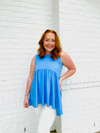 Babydoll Sleeveless Top- babydoll, BABYDOLL TOP, blue tank, BLUE TANK TOP, Curvy, Sale, sleeveless, summer tank, tank, tank top, Tops, Work tank-Ace of Grace Women's Boutique