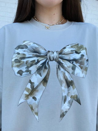 Camo Bow Sweatshirt- beige sweatshirt, BOW, bow top, BOWS, camo, camo shirt, camo top, Camouflage, clothing, comfy sweatshirt, Curvy, fall clothes, Hunt, Hunting, Madelynn, MadelynnGrace, oversized sweatshirt, plus size sweatshirt, plus sweatshirt, ribbon, sweatshirt, SWEATSHIRTS-Ace of Grace Women's Boutique