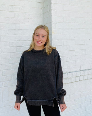 Acid Wash Raw Hem Sweatshirt - Black- Acid,black sweatshirt,clothing,comfy sweatshirt,Exposed,oversized sweatshirt,RAW HEM,sweatshirt,SWEATSHIRTS,Tops-Ace of Grace Women's Boutique