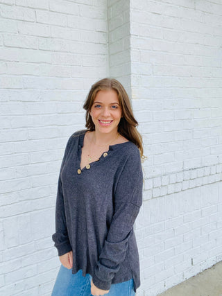Charcoal Ribbed Button Henley Top- Curvy,FALL,fall clothes,fall transition,Henley,ribbed,Tops-Ace of Grace Women's Boutique