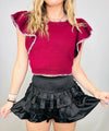 Black Satin Ruffled Mini Skort- black satin, black Skort, SATIN, satin skirt, satin skort, skort, wrap skort-Ace of Grace Women's Boutique
