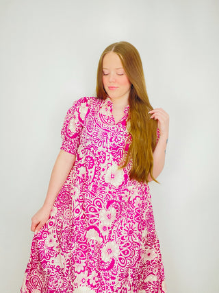 Magenta Whimsy Floral Dress- Curvy,dresses & rompers,Easter,Easter dress,floral,floral dress,floral print,florals,Midi Dress,paisley,PLUS,plus dress,plus size-Ace of Grace Women's Boutique