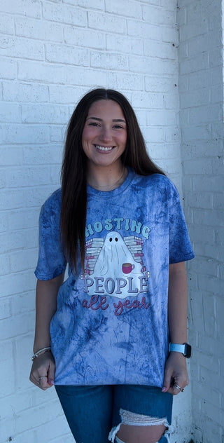 Ghosting People All Year Tee- clothing,COLORFUL GRAPHIC TEE,COMFORT COLOR,COMFY,Curvy,fall clothes,ghost,ghosts,graphic,graphic T-shirt,GRAPHIC TEE,Graphic Tees,graphic tshirt,HALLOWEEN,halloween shirt,Halloween tshirt,Sale,Seasonal,Tops-Ace of Grace Women's Boutique