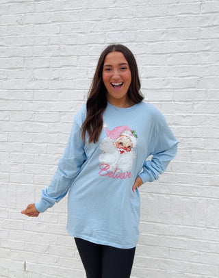 Santa Believe Long Sleeve T-Shirt- Believe,CHRISTMAS,CHRISTMAS GRAPHIC TEE,Christmas Longsleeve,CHRISTMAS SHIRT,christmas sweatshirt,Christmas tee,CHRISTMAS TREE,clothing,Curvy,Sale,Santa,Santa shirt,Seasonal,Tops-Ace of Grace Women's Boutique