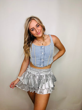 Pearl Denim Crop Top- BLUE CROP TOP, clothing, crop top, denim top, LIGHT DENIM TOP, MadelynnGrace, PEARL, PEARLS, Tops-Ace of Grace Women's Boutique