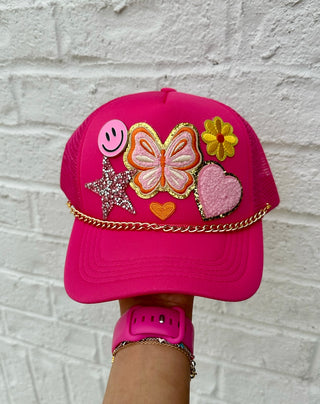 Pink Butterfly Trucker Hats- Accessories, accessory, butterflies, butterfly, Cherries, Cherry, hats, HOT PINK, LIGHT PINK, MadelynnGrace, pink, Pink hat, pink smiley, trucker hat, trucker hats-Ace of Grace Women's Boutique