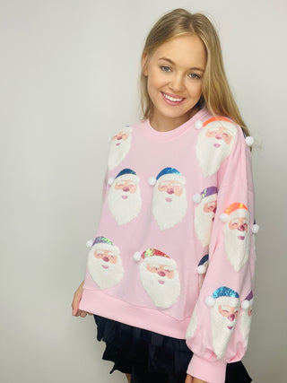 Queen Of Sparkles Light Pink Santa Sweatshirt- clothing,Curvy,QUEEN,queen of sparkles,QUEEN OF SPARKLES PLUS SIZE,QUEEN OF SPARKLES SWEATER,Seasonal,Tops-Ace of Grace Women's Boutique