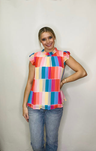 Multi Colored Square Ruffle Sleeve Top- COLOR, color block, COLORFUL TOP, SPRING, Tops, work, WORK SHIRT, Work tank, WORK TOP-Ace of Grace Women's Boutique